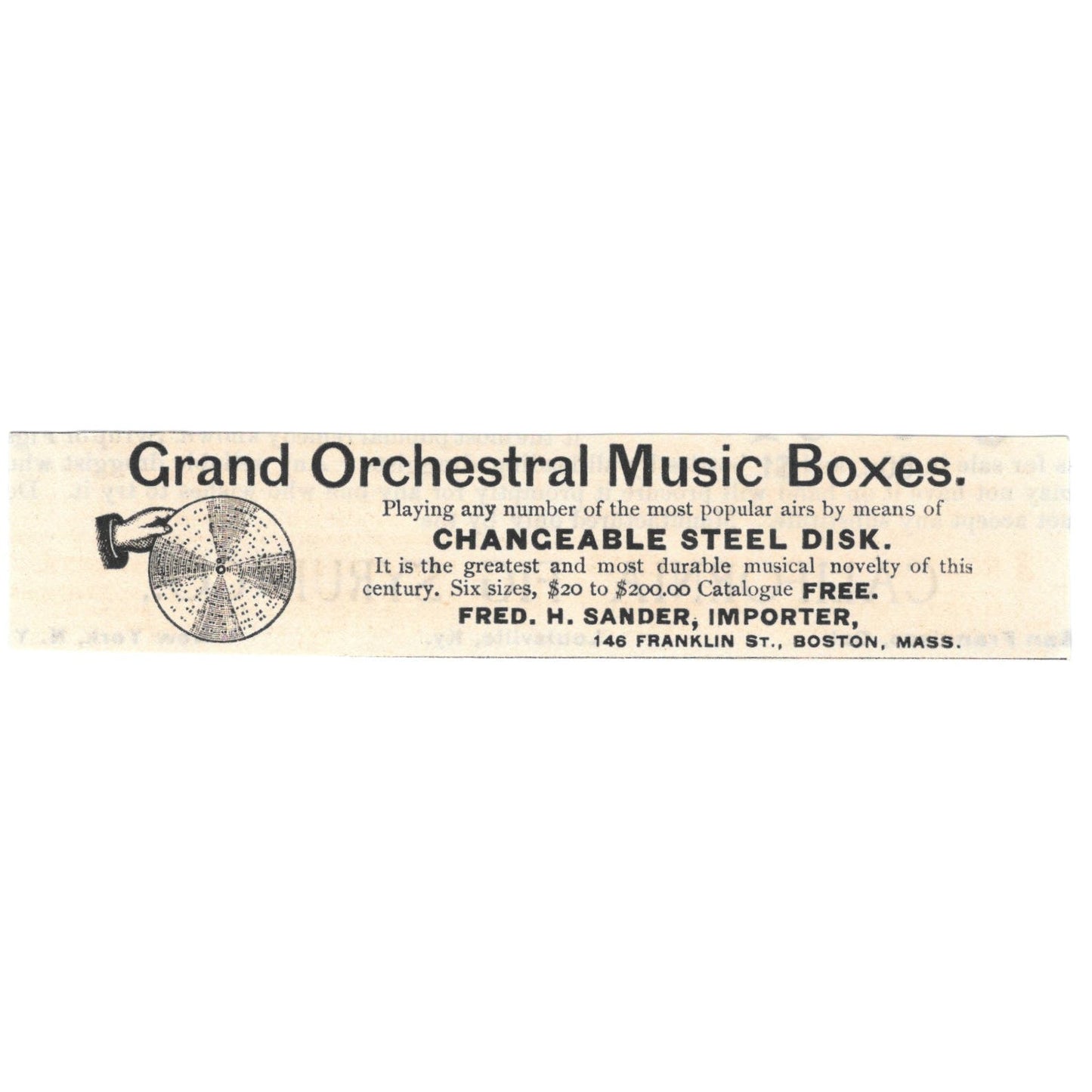 Grand Orchestral Music Boxes Fred H. Sander Boston c1890 Victorian Ad AE8-CH13