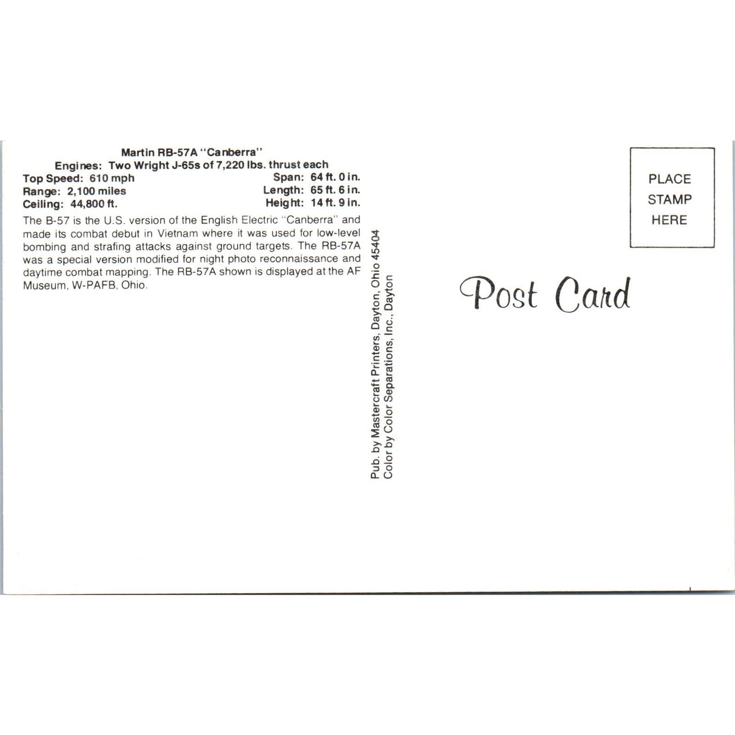 Martin RB-57A Canberra Vintage Postcard PC19