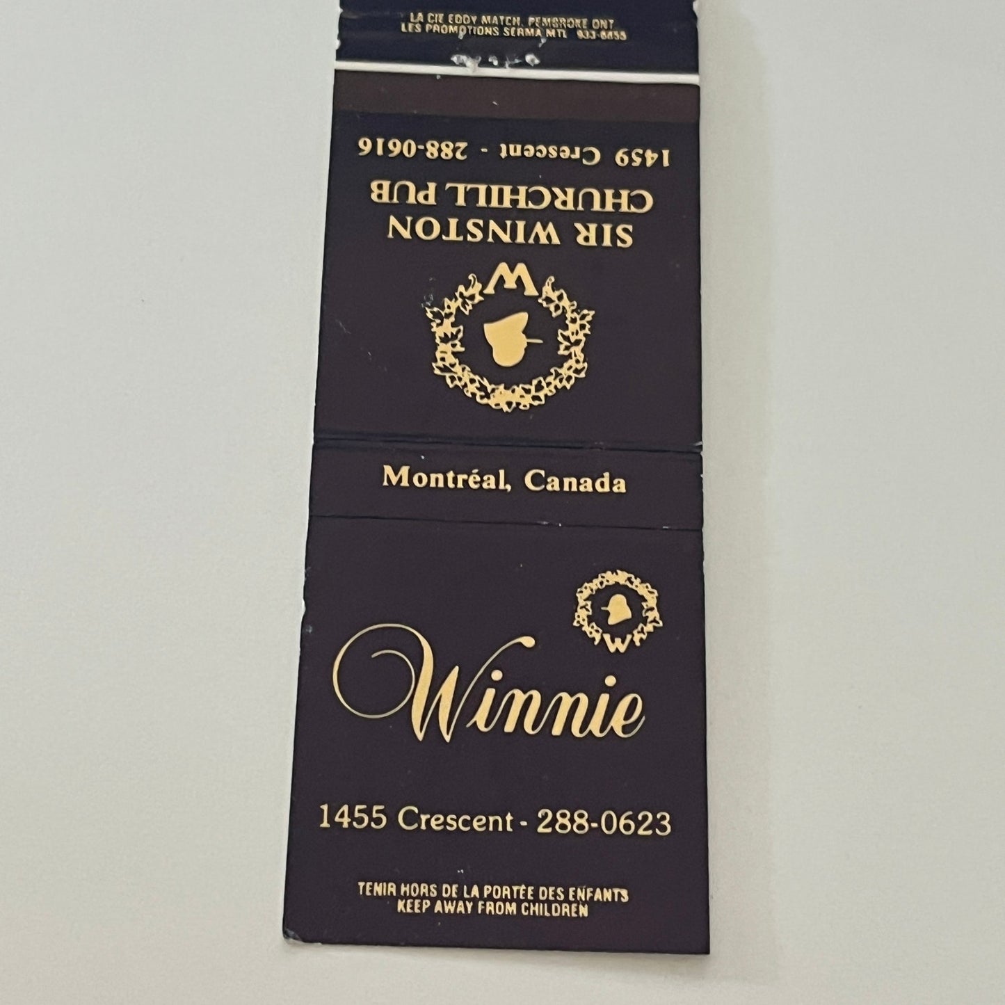 Sir Winston Churchill Pub, Galerie Winnie Montreal Vintage Matchbook MM5-9