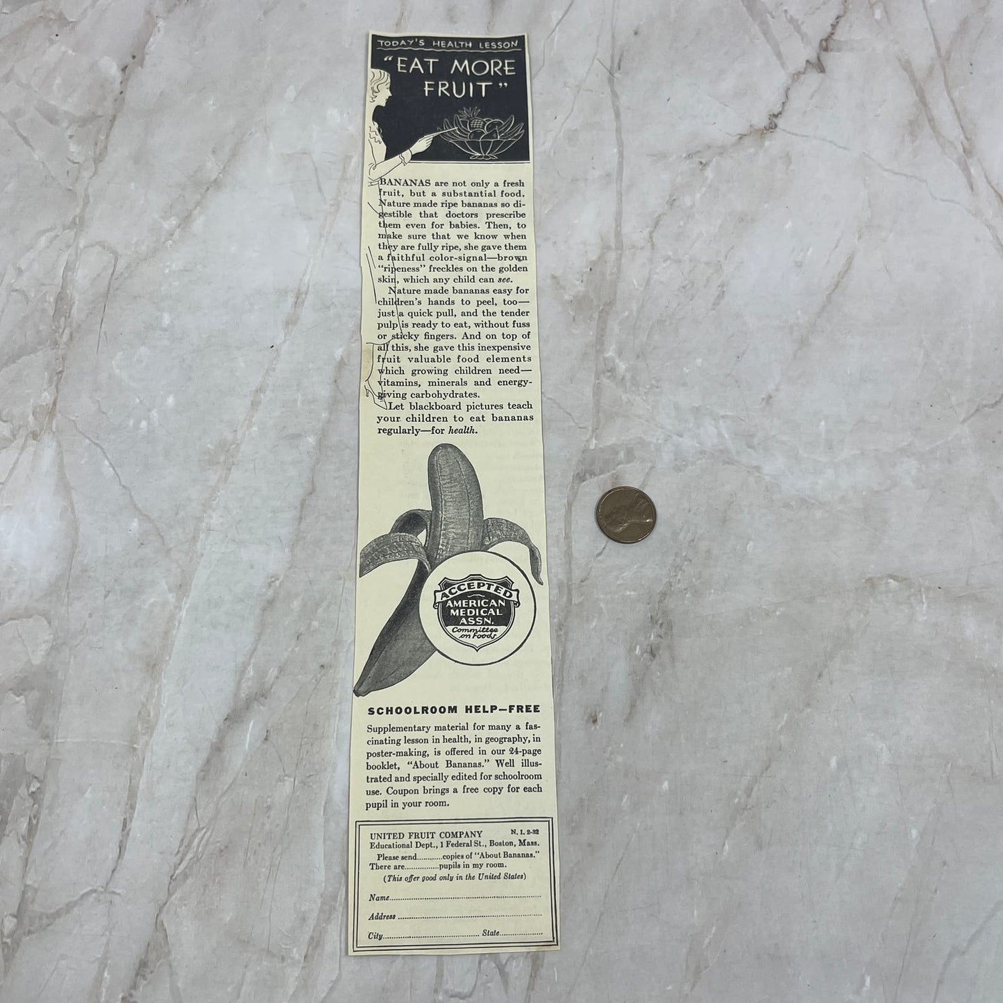 1937 United Fruit Co Classroom Education 2.5x12 Magazine Advertisement FL6-6