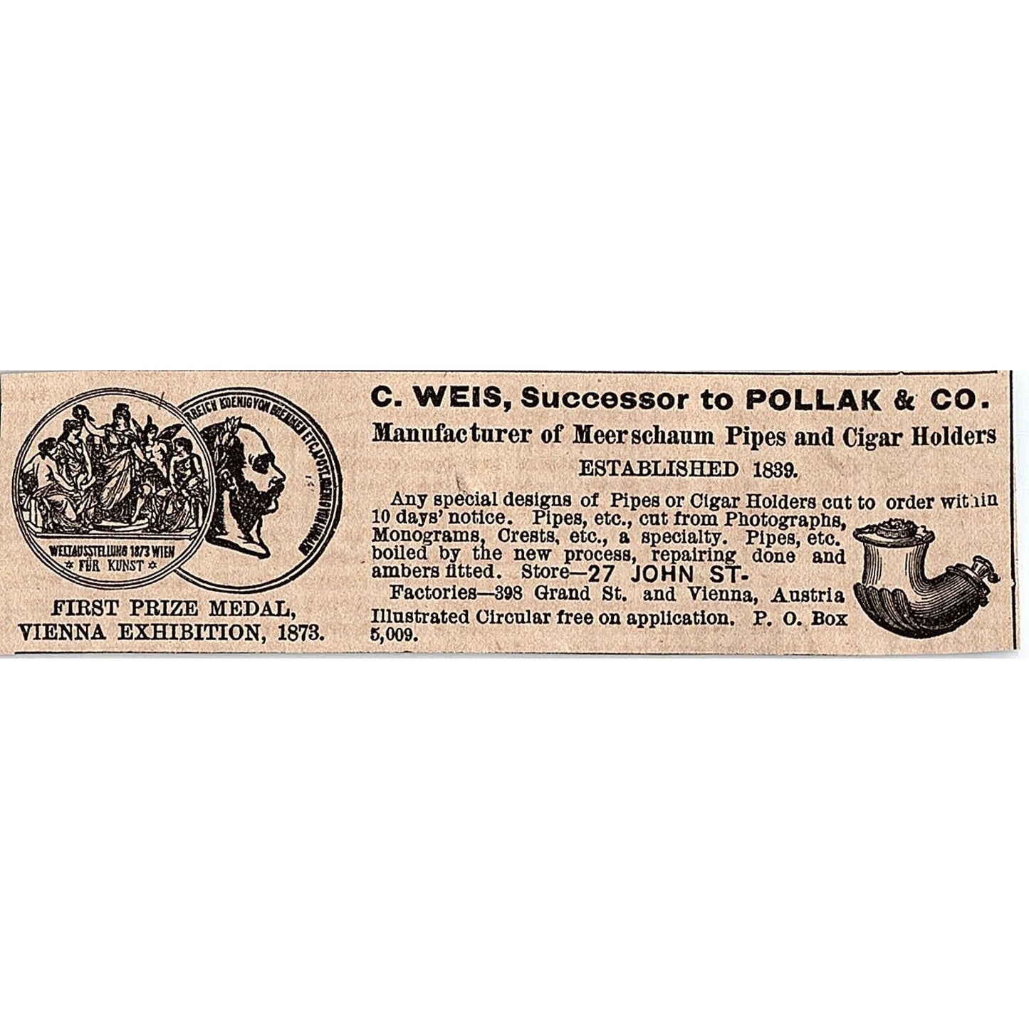 C. Weis Pollak & Co Meerschaum Pipes Vienna Exhibition 1878 Ad AG2-M13