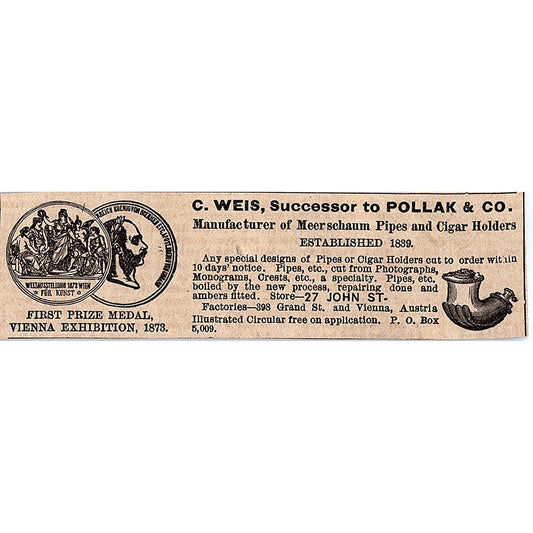 C. Weis Pollak & Co Meerschaum Pipes Vienna Exhibition 1878 Ad AG2-M13