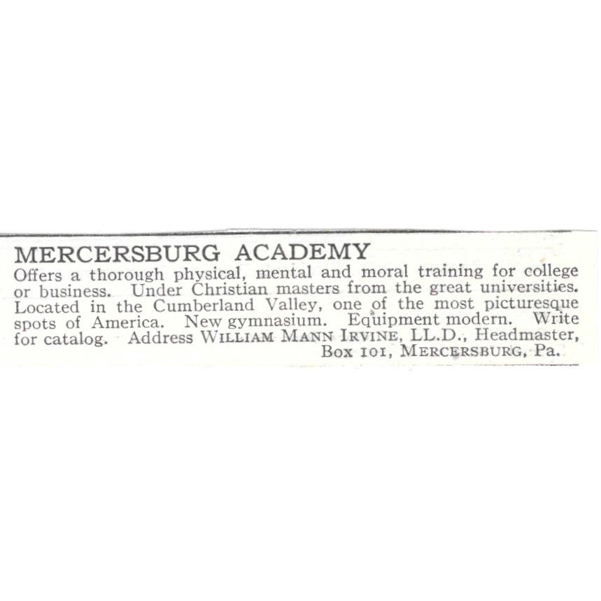 Mercersburg Academy William Mann Irvine PA c1918 Original Advertisement AE5-SV1
