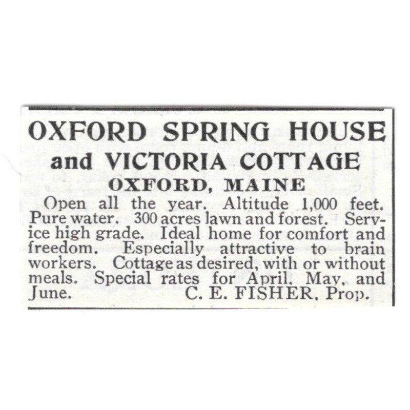 Oxford Maine Spring House Victoria Cottage C.E. Fisher 1903 Ad AF8-S39
