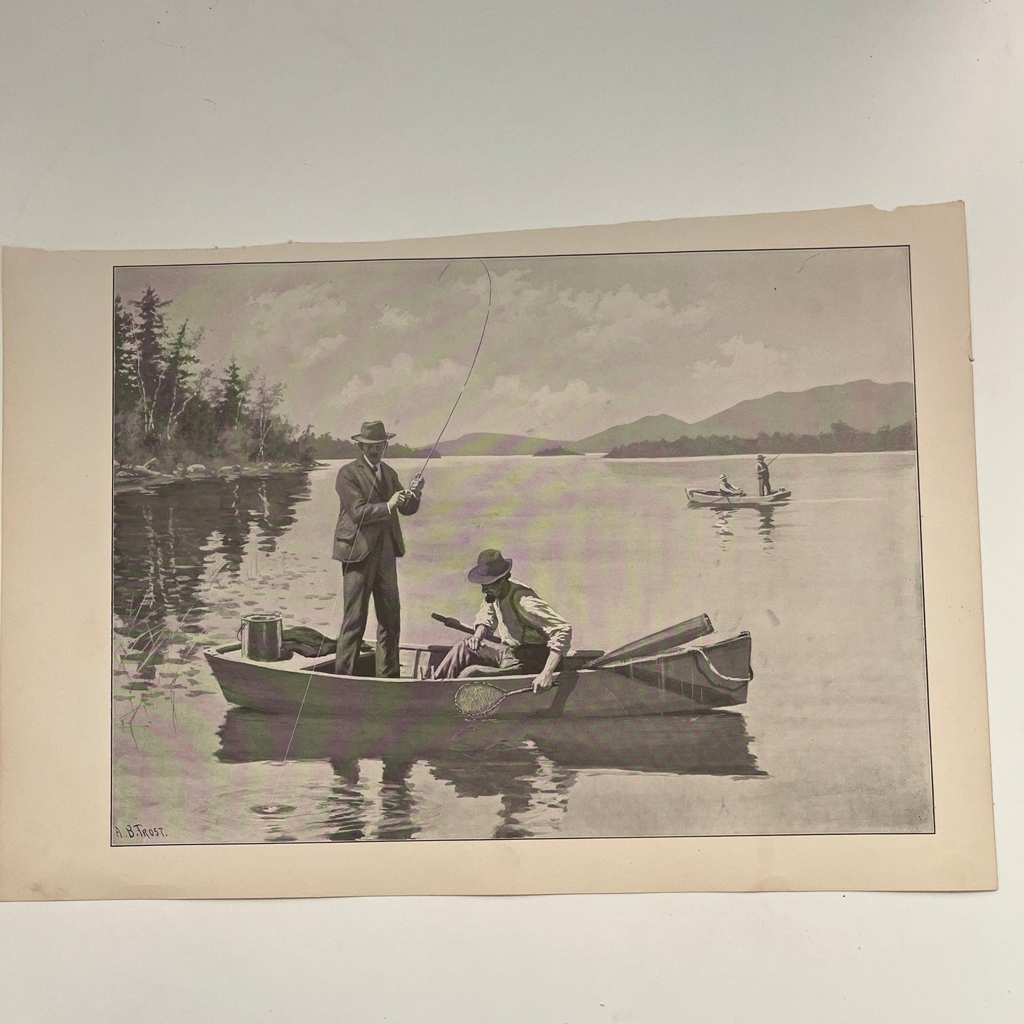 Black Bass Fishing - Boat Fishing Scene Original 1904 A.B. Frost Art Print V26-4