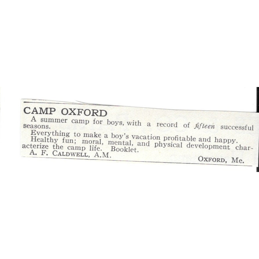 Camp Oxford Oxford ME A. F. Caldwell c1920 Harper’s Magazine Ad SAG4-S5