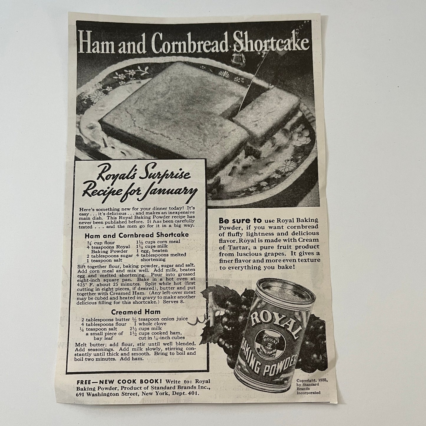 Ham & Cornbread Shortcake Recipe Royal Baking Powder 1936 Magazine Ad AG4-8