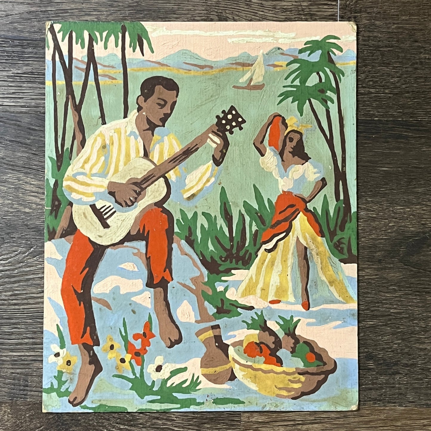 Retro Painting Caribbean Guitar Player and Lady Scene 8x9 Art V2