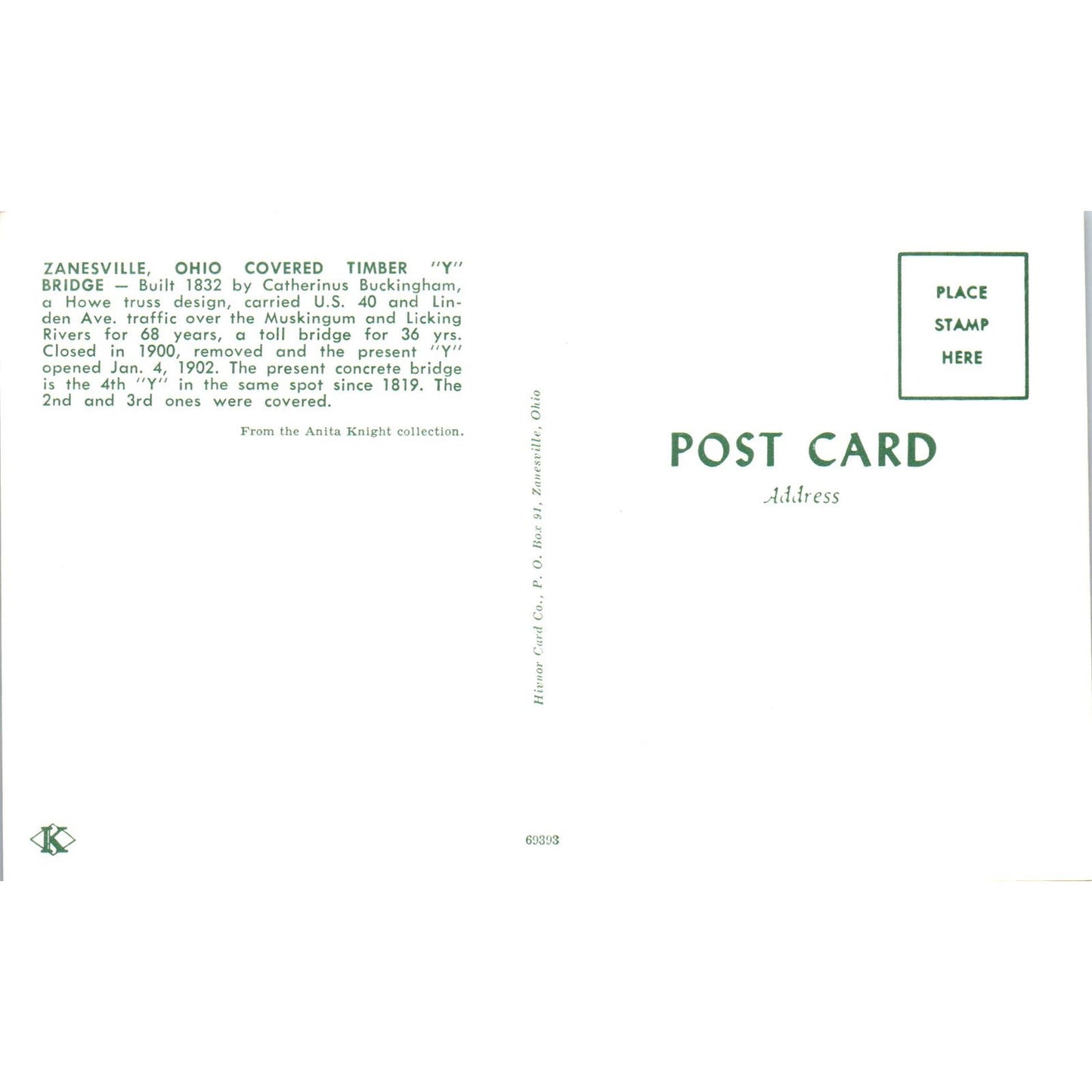 Zanesville Bridge Muskingum & Licking River Ohio Covered Bridge Postcard PC3