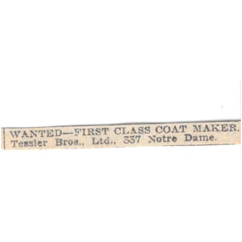 Tessler Bros. Ltd. Coat Maker Wanted 337 Notre Dame Winnipeg 1920 Ad AG2-S5