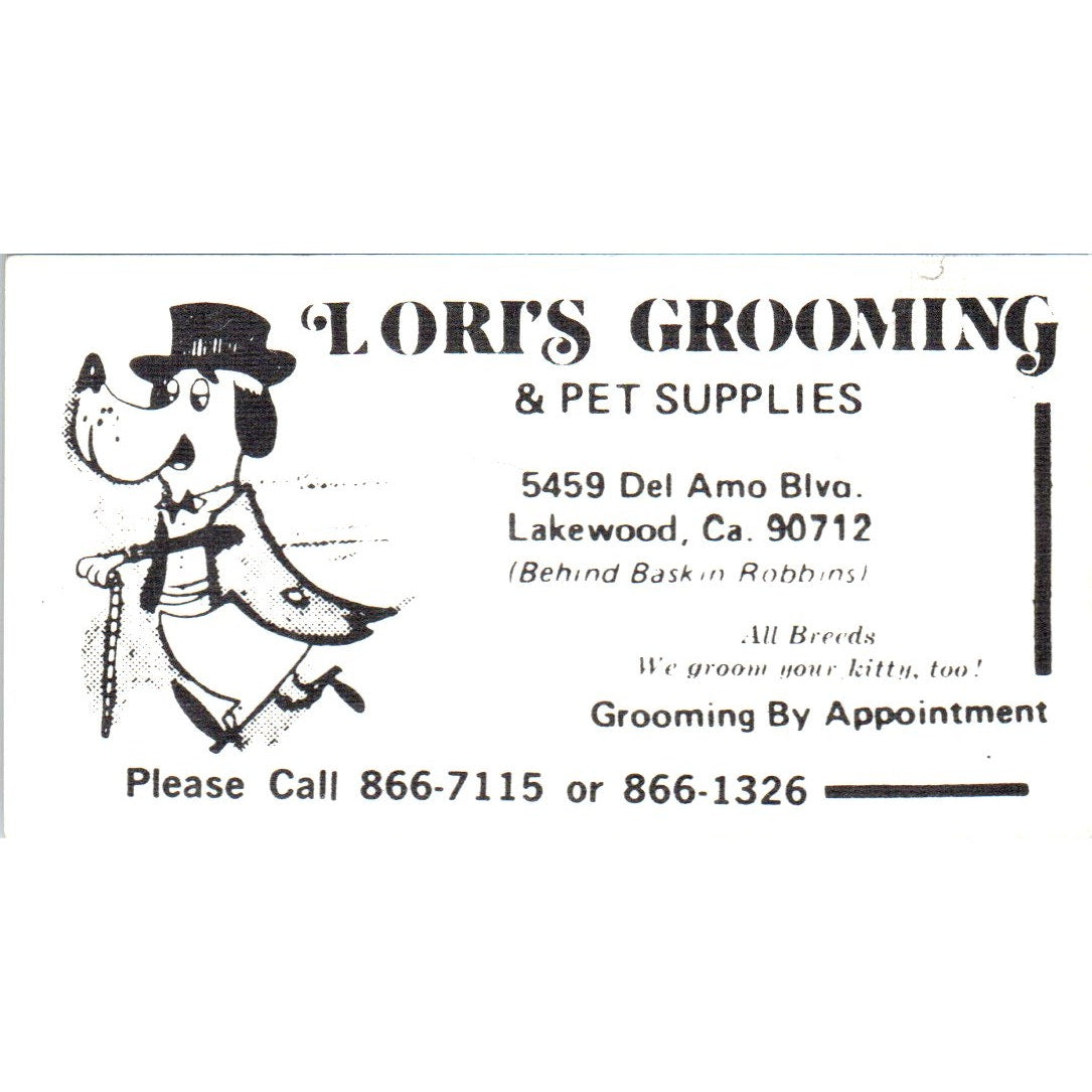 Lori's Grooming & Pet Supplies Lakewood CA Vintage Business Card SD8-B15