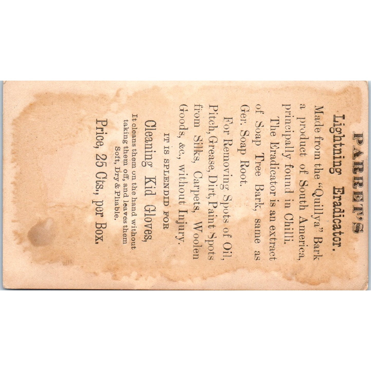 Prof. Parret's Lightning Eradicator Stain Remover c1880 Trade Card AB6-1