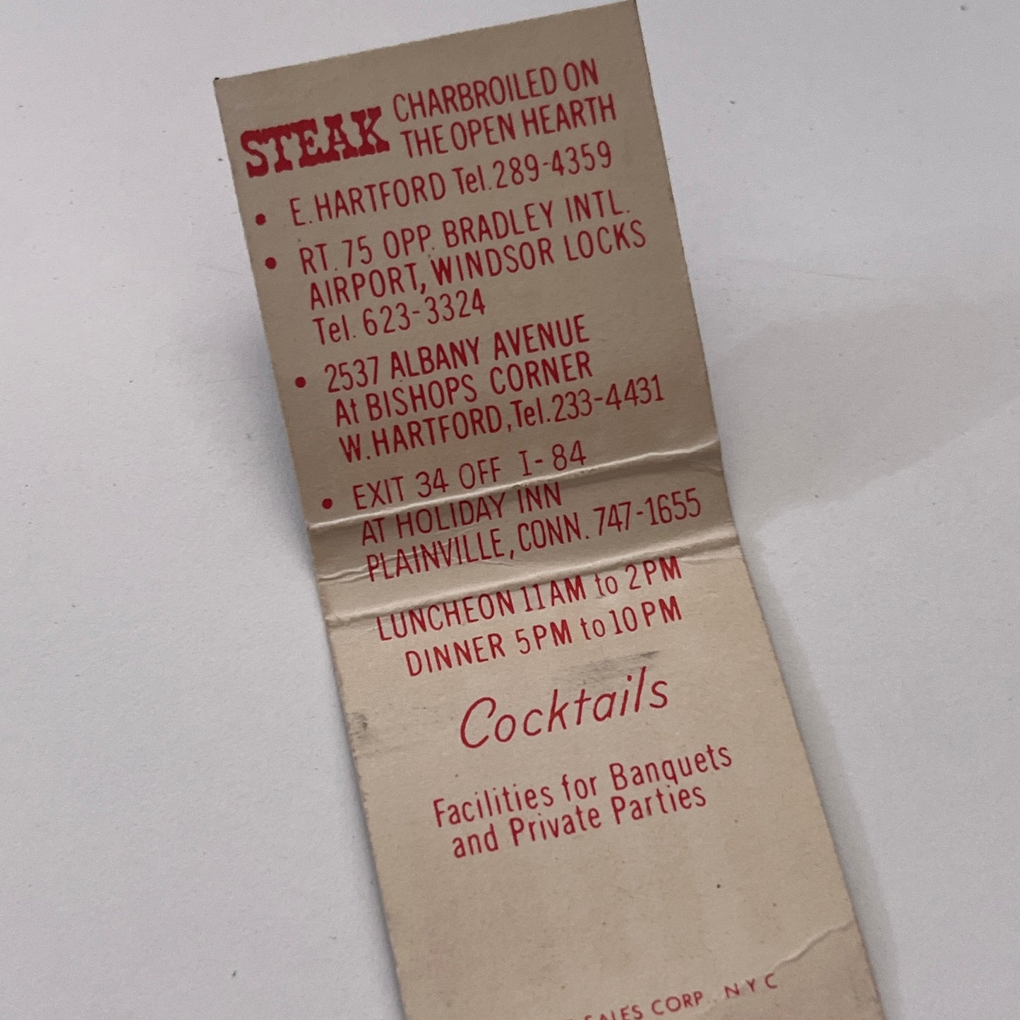 The Steak Club Hartford CT Vintage Matchbook Cover TB8-MB-11