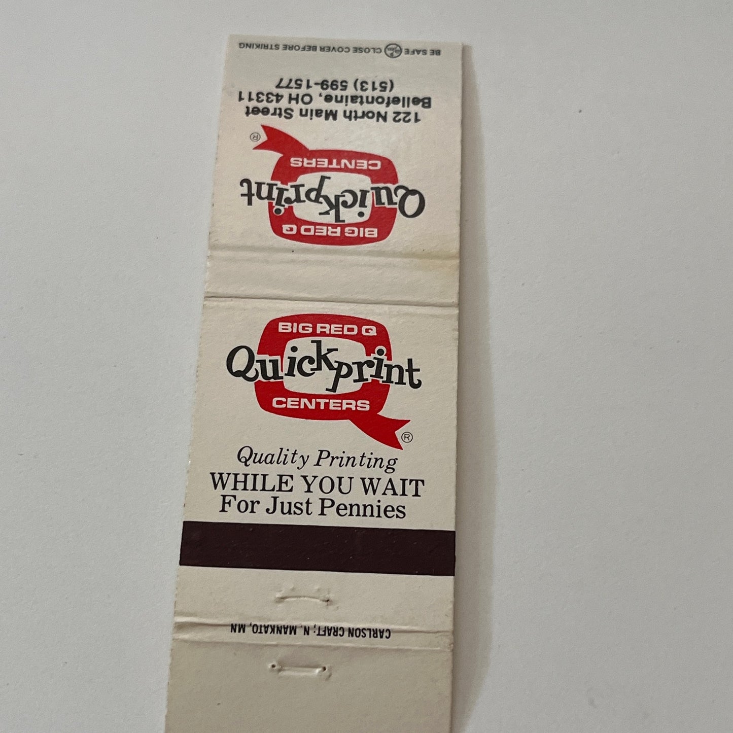 Big Red Q Quickprint Centers Bellefontaine OH Vintage Matchbook Cover TB6-MB2-1