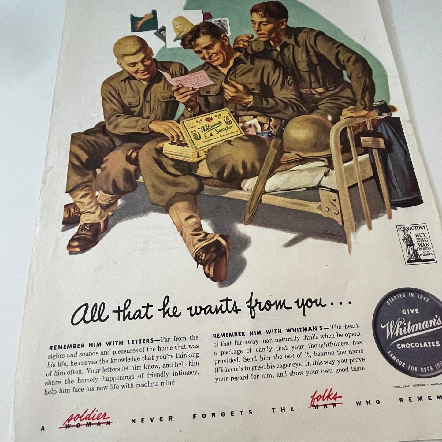 Whitmans Chocolates Started in 1842 Famous for over 100 years 1943 WWII Ad SV1-6