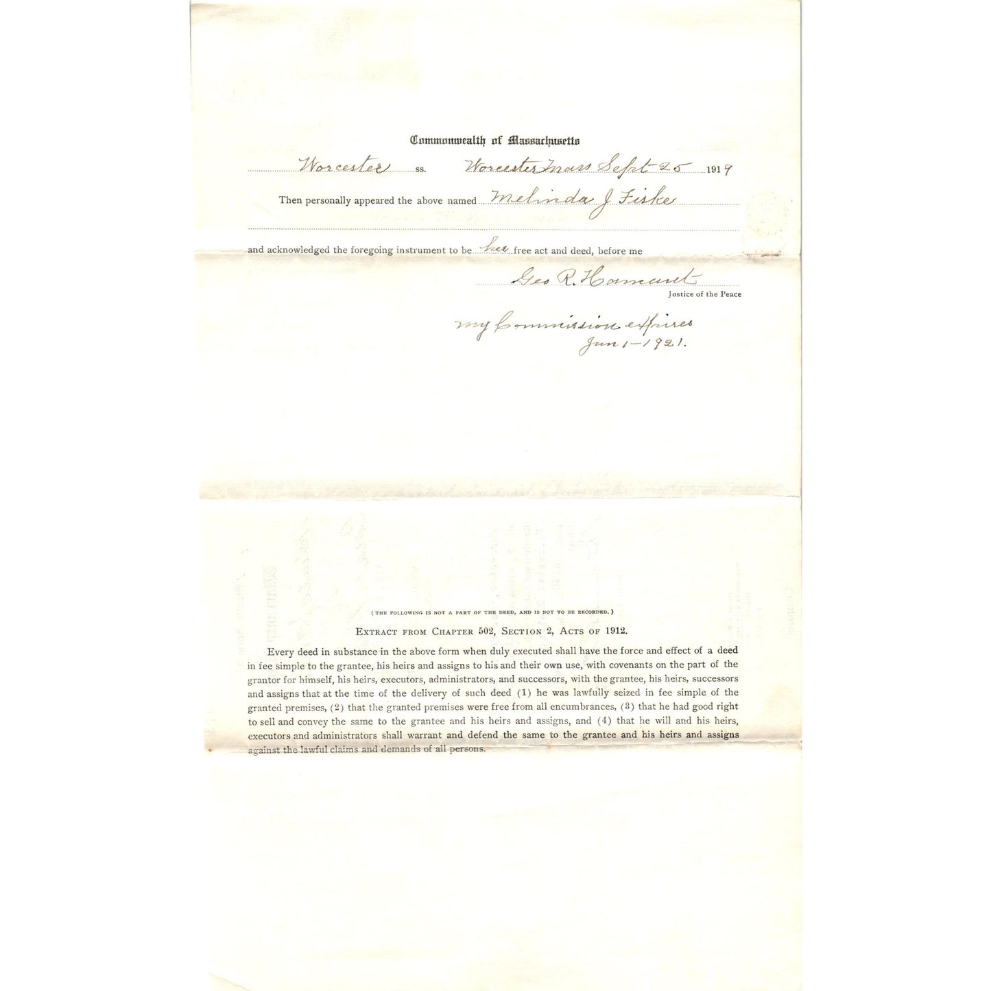1919 Warranty Deed Melinda J. Fiske to Cara M. Wilkinson Worcester MA AF7-E6