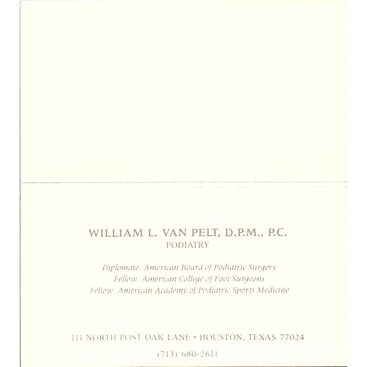 Houstonian Medical specialists William K , D.P.M., P.C TX Business Card SF3-B9