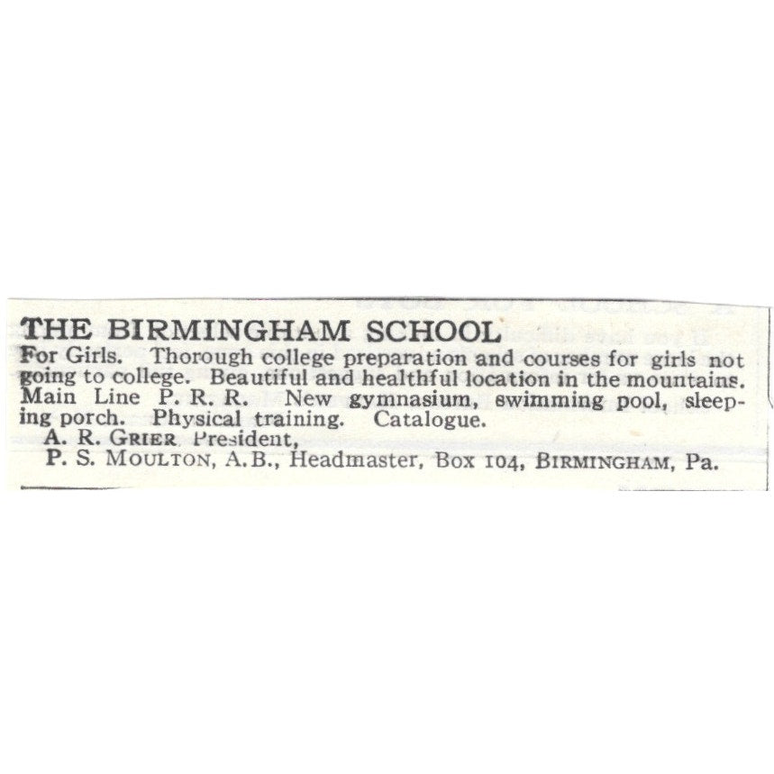 The Birmingham School Birmingham PA AR Grier PS Moulton c1920 Harper’s Ad AG4-S2