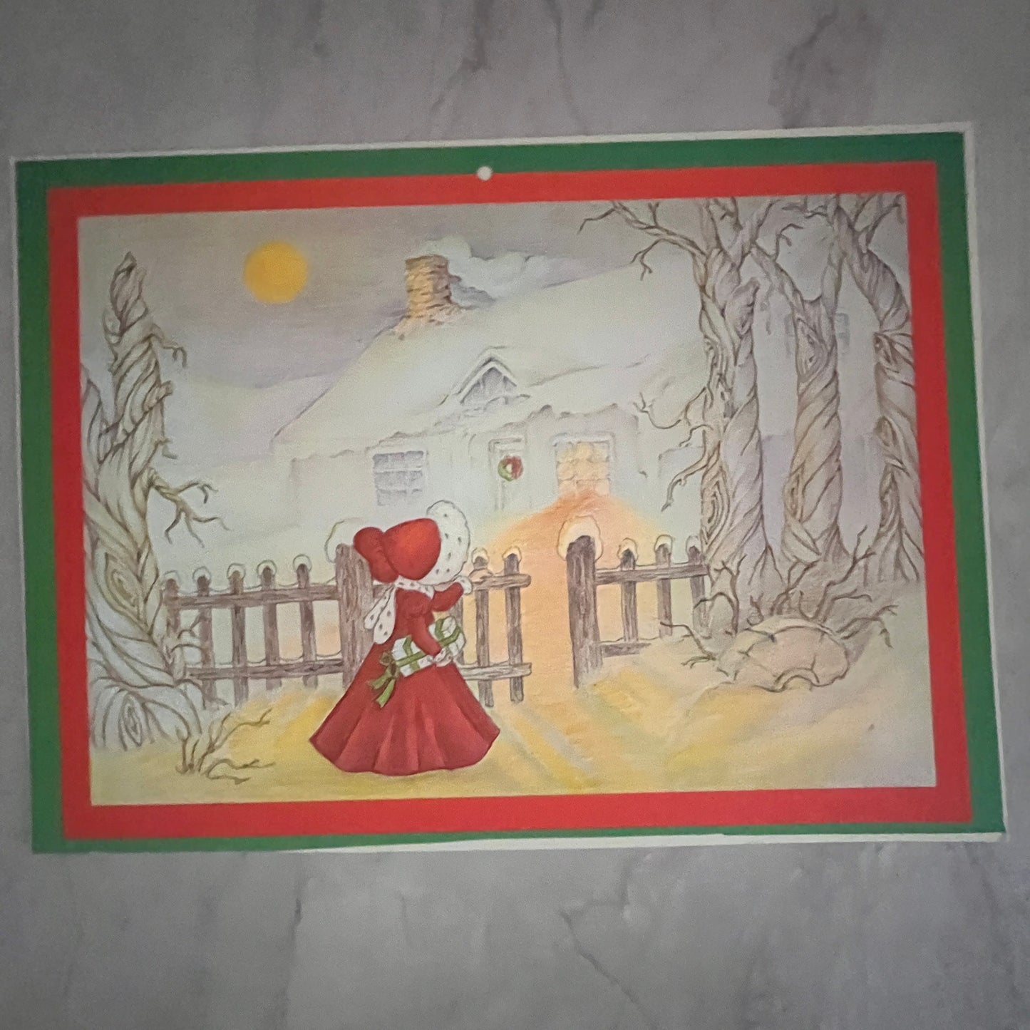 Retro Kitsch Little Girl in Red Coat Snowy Christmas Scene 9x12" Art Print V23