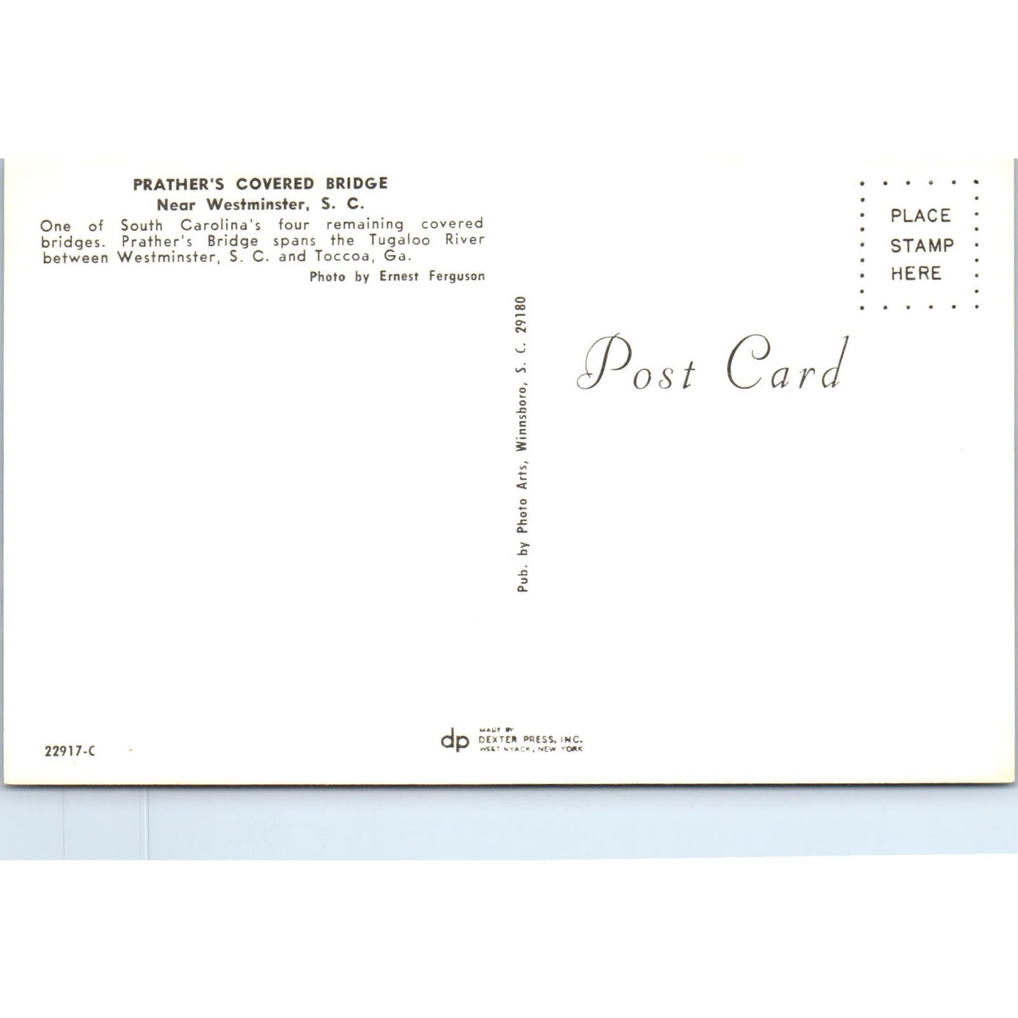 Westminster S.C. Tugaloo river Prather's Covered Bridge Postcard PB10