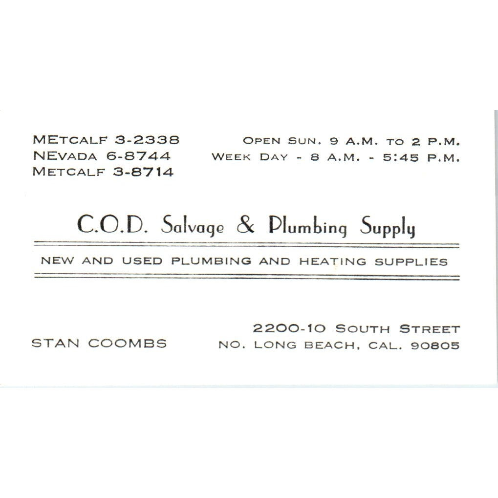 C.O.D. Salvage & Plumbing Supply Stan Coombs Long Beach CA Business Card SD4-B1