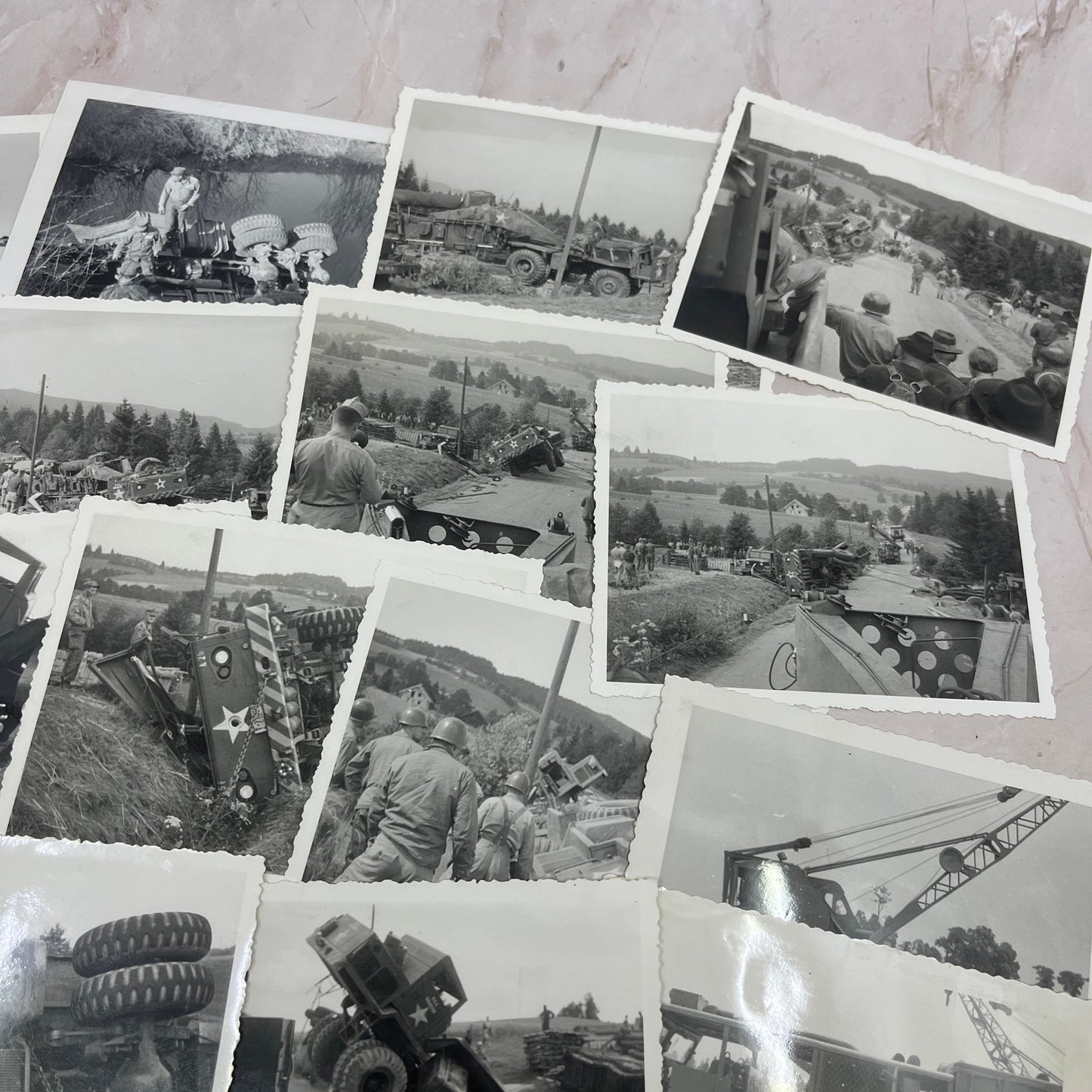 Lot of 17 Photos Overturned Army Vehicle Postwar Germany c1954 Army TG7-AP4