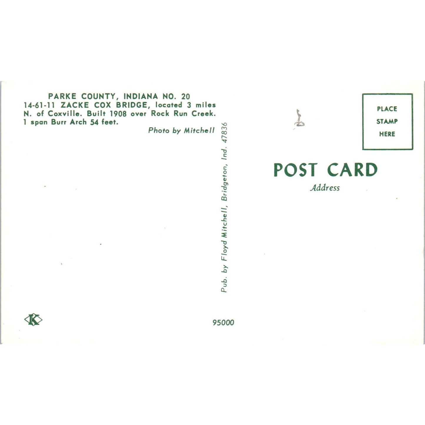 Zacke Cox Bridge Parke County IN No 20 Vintage Covered Bridge Postcard PD1