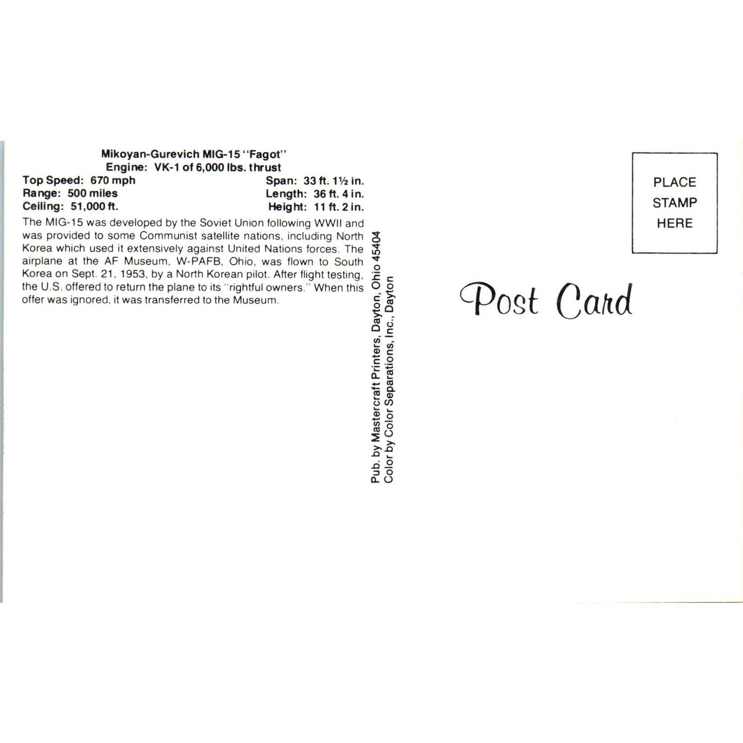 Mikoyab-Guervich MIG-15 Fagot Vintage Postcard TG8-PC