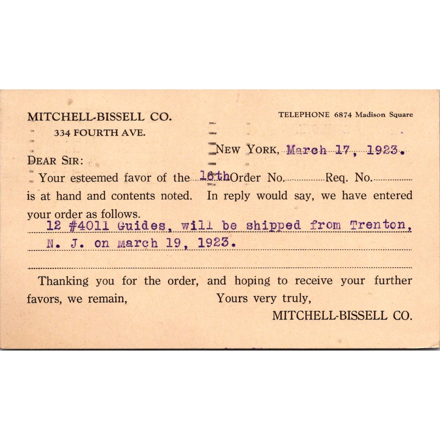 Mitchell-Bissell Co 334 4th Ave 1923 Postal Mailing Card AK1-M3