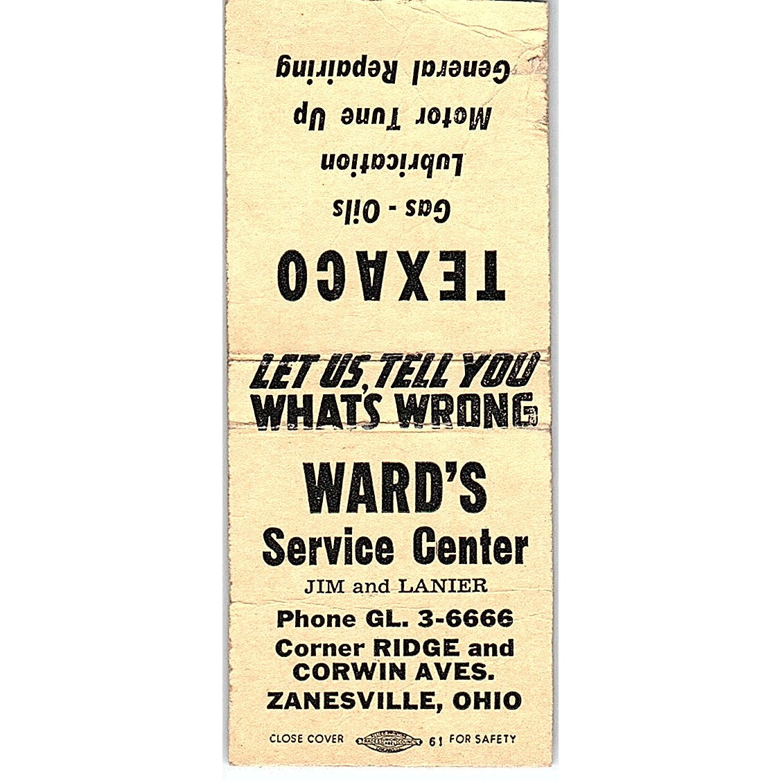 Ward's Service Center Texaco Zanesville OH Jim & Lanier Matchbook Cover SE5-Y2