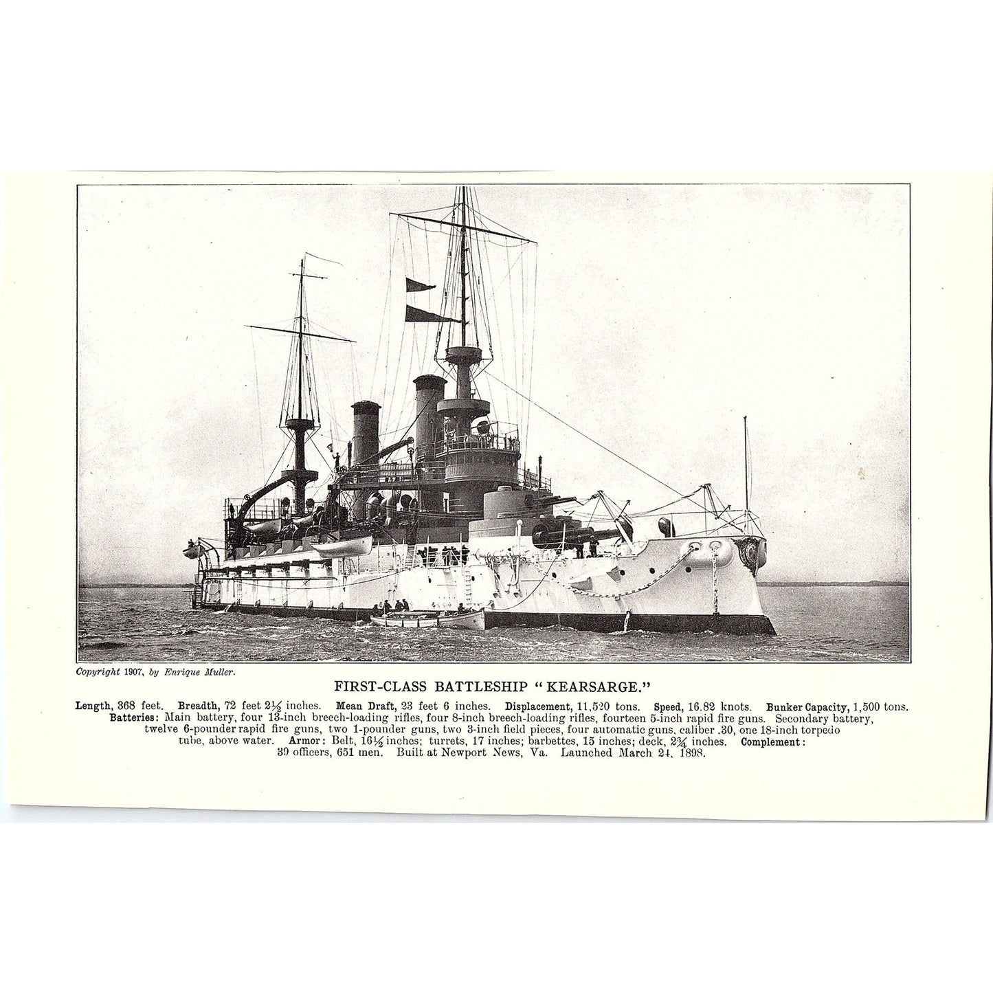 First Class Battleship Indiana & Kearsarge Double Sided 1910 Print AF6-20