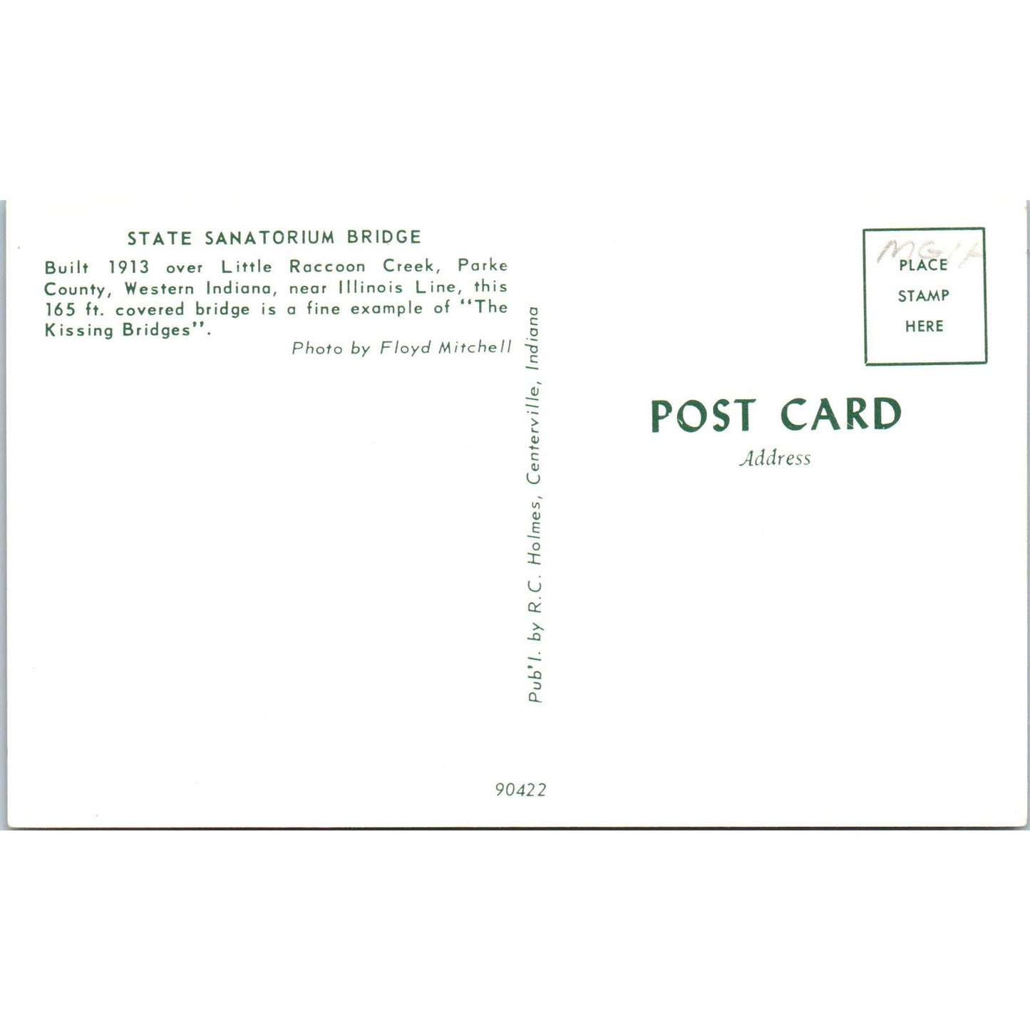 State Sanitorium Bridge Parke County IN Vintage Covered Bridge Postcard PC16