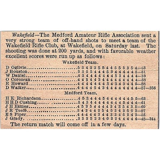 Wakefield Rifle Club, Medford Amateur Rifle Assn Results 1878 Article AG2-M8