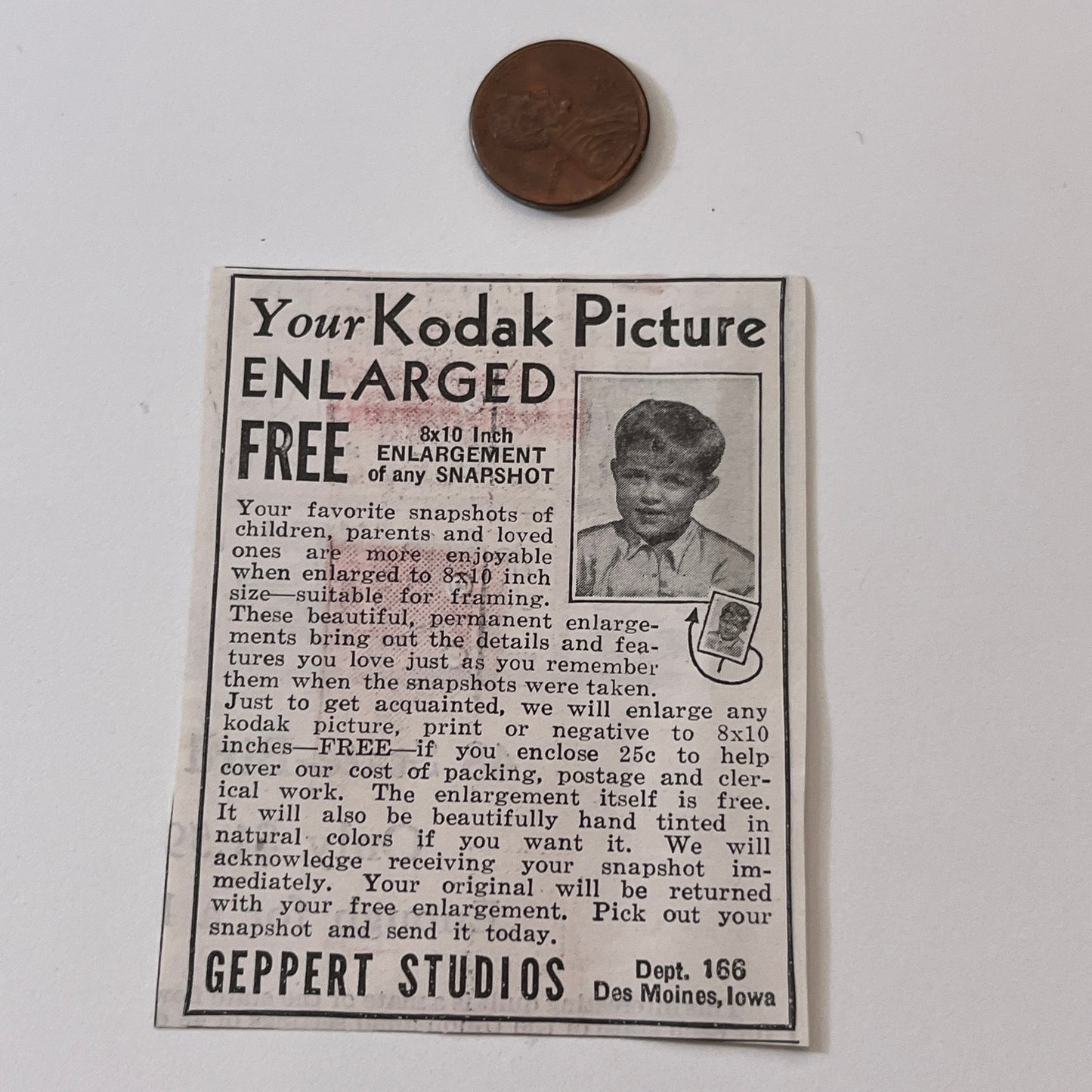 Geppert Studios Your Kodak Picture Enlarged Des Moines IA 1936 Ad SAG4-M4