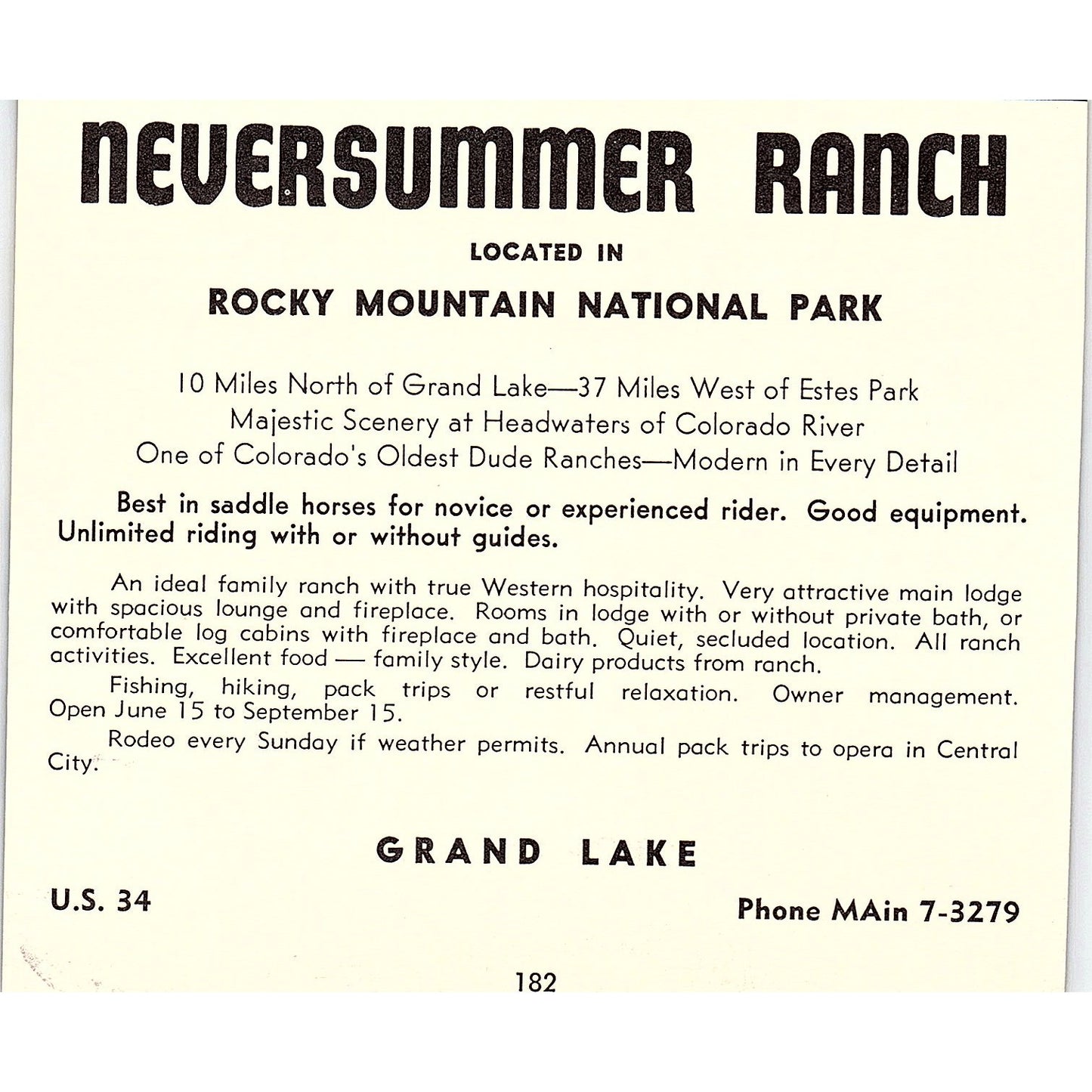 Neversummer Ranch Rocky Mountain National Park Grand Lake CO 1958 Ad AG1-H5