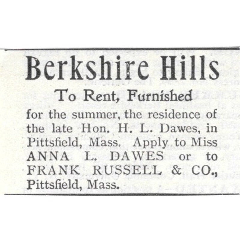 Berkshire Hills Cottage Anna L Dawes Frank Russell Pittsfield MA 1903 Ad AF8-S39