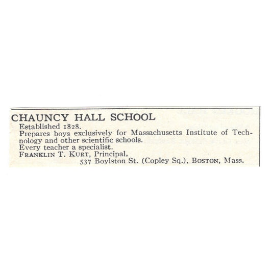 Chauncey Hall School Franklin T Kurt Boston MA 1924 Magazine Ad AD8-O6