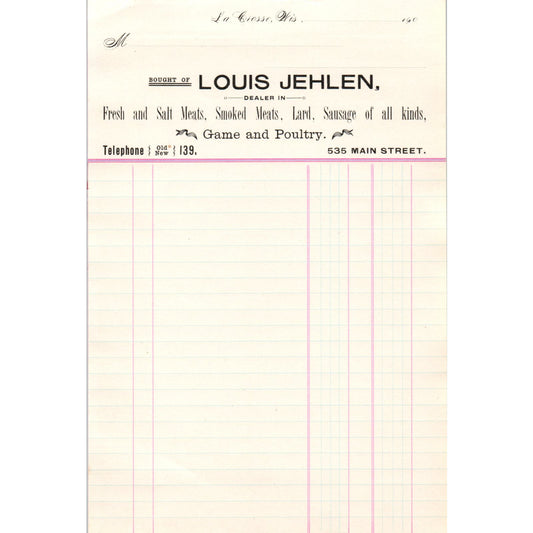 c1900 Louis Jehlen Game and Poultry La Crosse WI Blank Billhead AF1-RR5