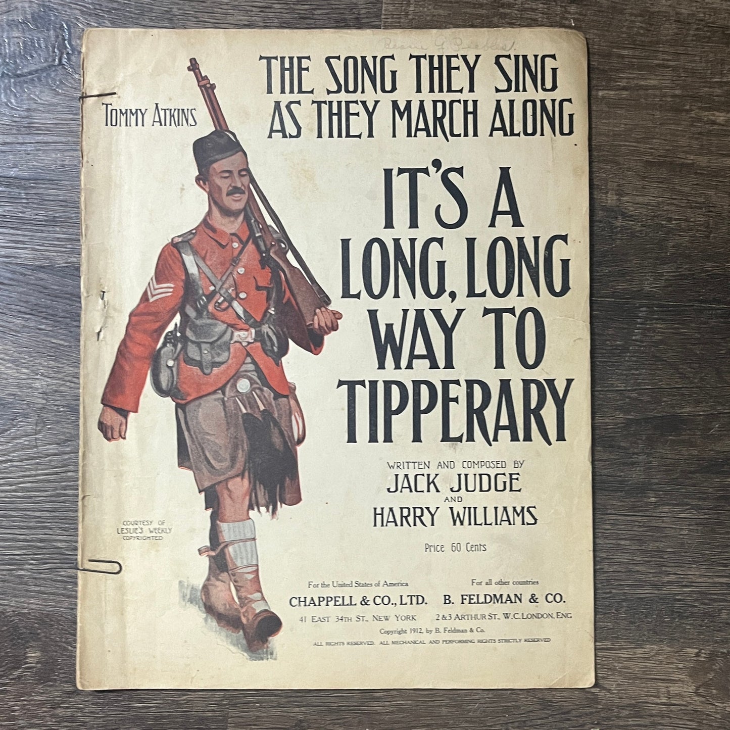 It's a Long Way to Tipperary 1912 Sheet Music Jack Judge Harry Williams V6