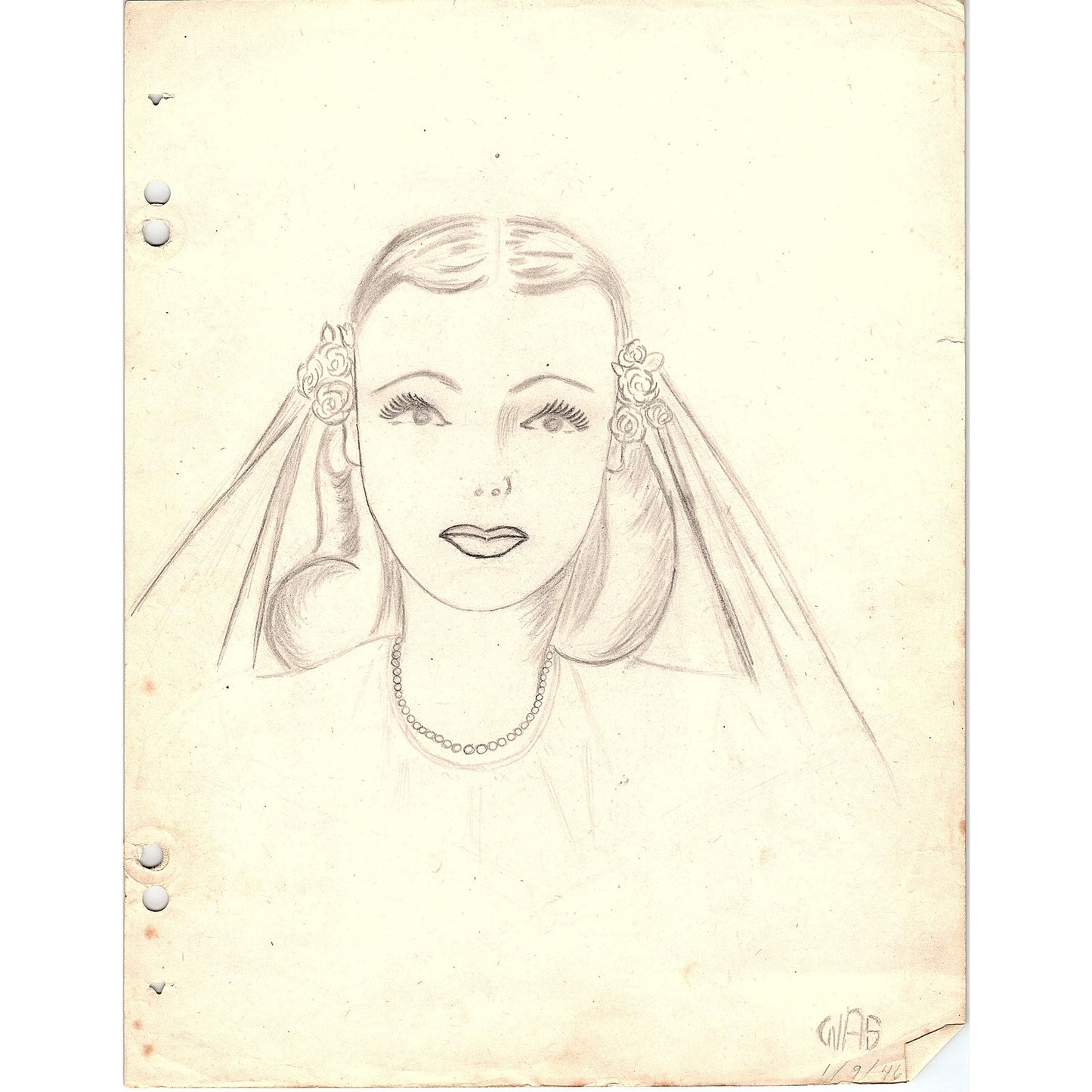 1940s Original Sketch Portrait of a Young Lady Winifred Schutsky D26-20