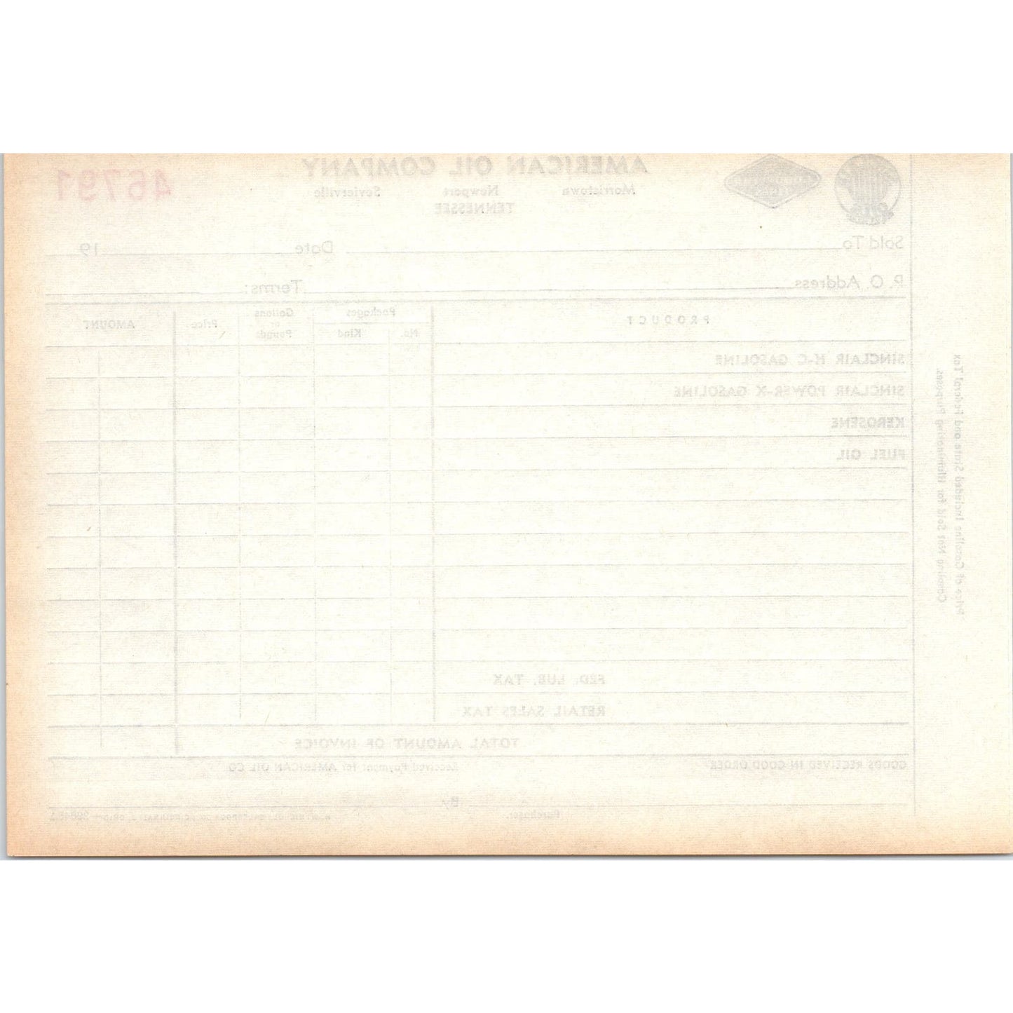 c1910 American Oil Company Invoice Blank Morristown Newport Sevierville AE9-X1