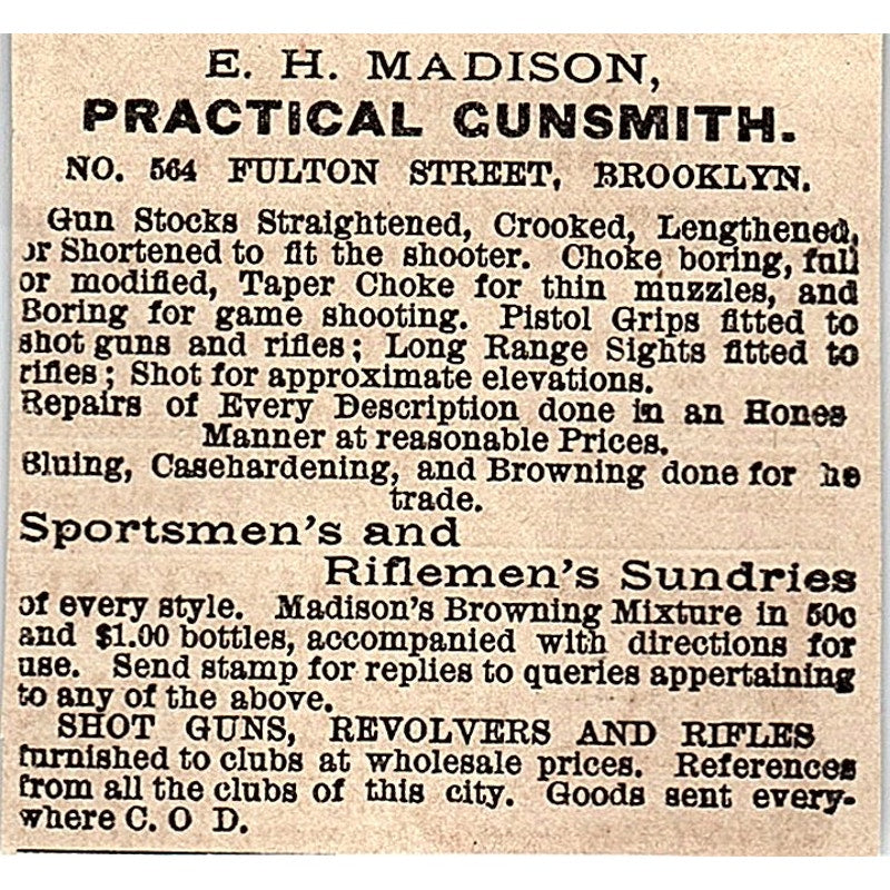 E.H. Madison Practical Gunsmith 564 Fulton St. New York 1878 Ad AG2-M14