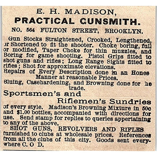 E.H. Madison Practical Gunsmith 564 Fulton St. New York 1878 Ad AG2-M14