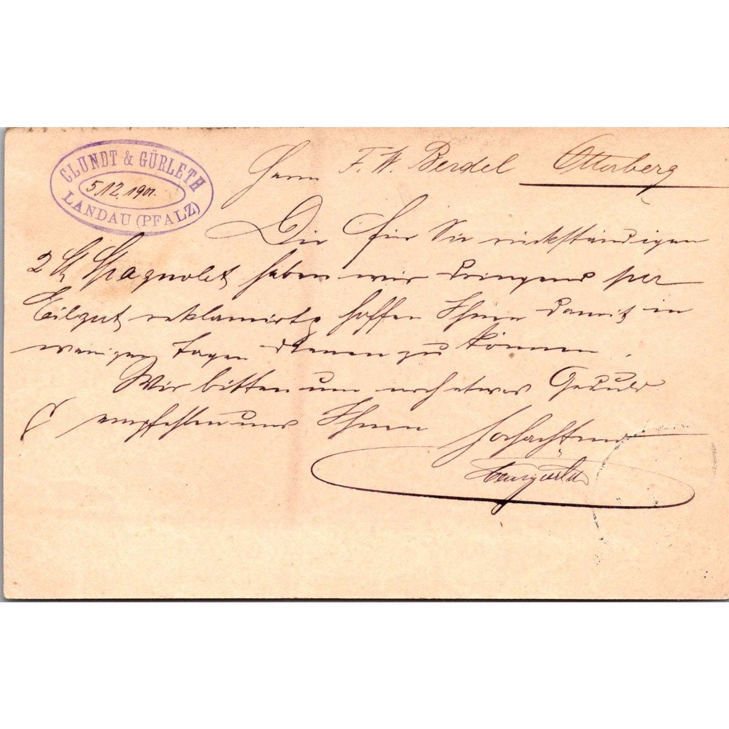 F.W. Rendel Otterburg Clundt & Gürleth Landau 1901 German Reich Postcard TE2-GRP