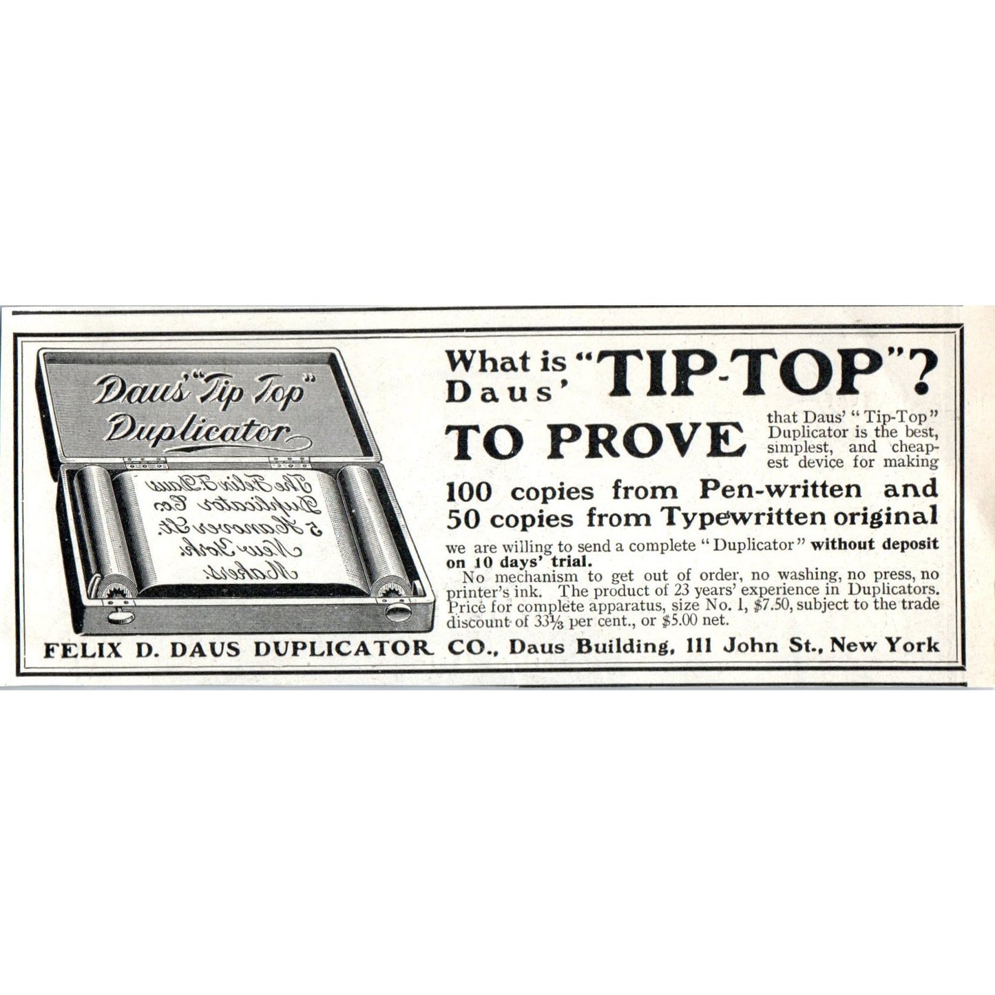 Tip Top Duplicator Felix D. Daus Duplicator Co NY 1903 Magazine Ad AF2-O4