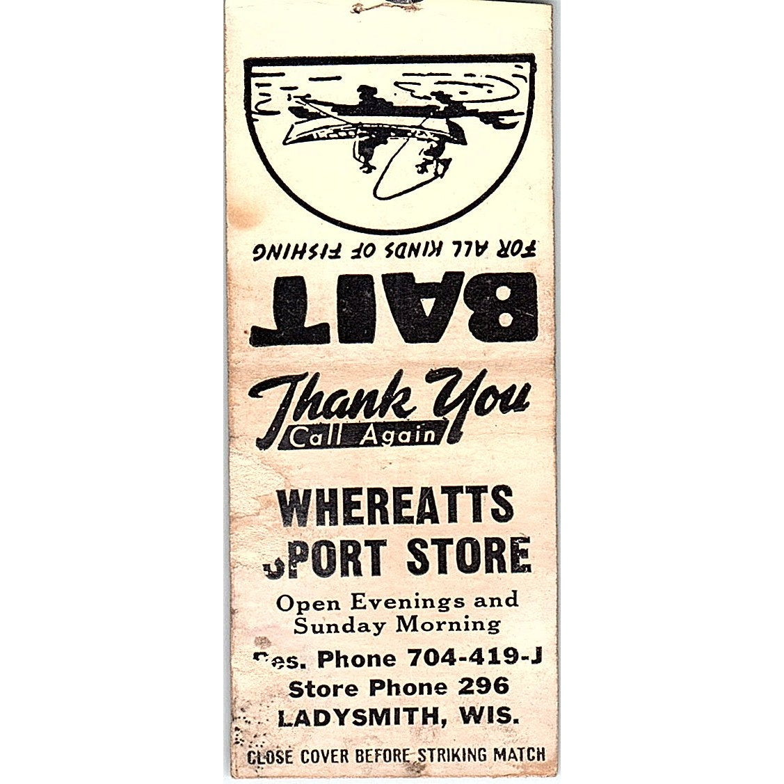 Whereatts Sport Store Ladysmith WI Vintage Matchbook Cover SF3-Y2