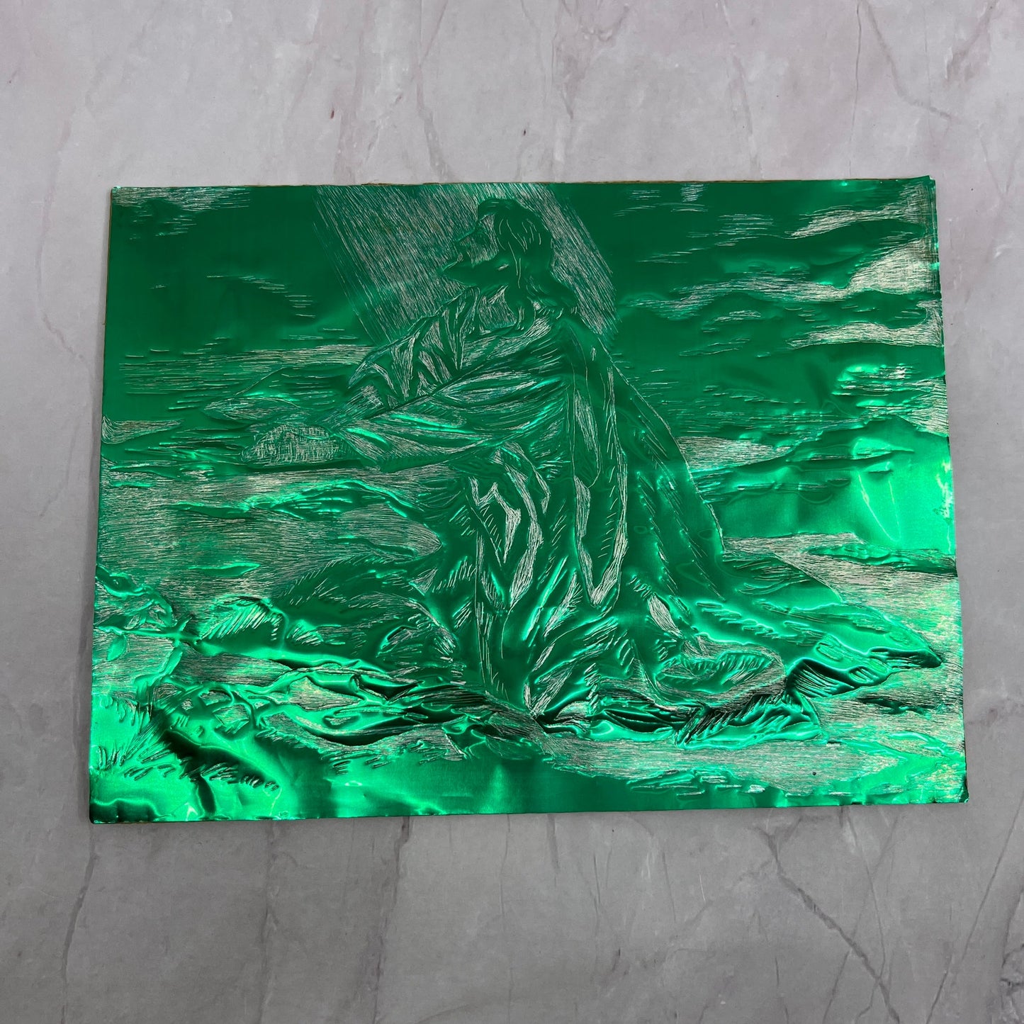 Jesus in Gethsemane Original Vintage Green Metallic Foil Art 6x8" TH2-MI1