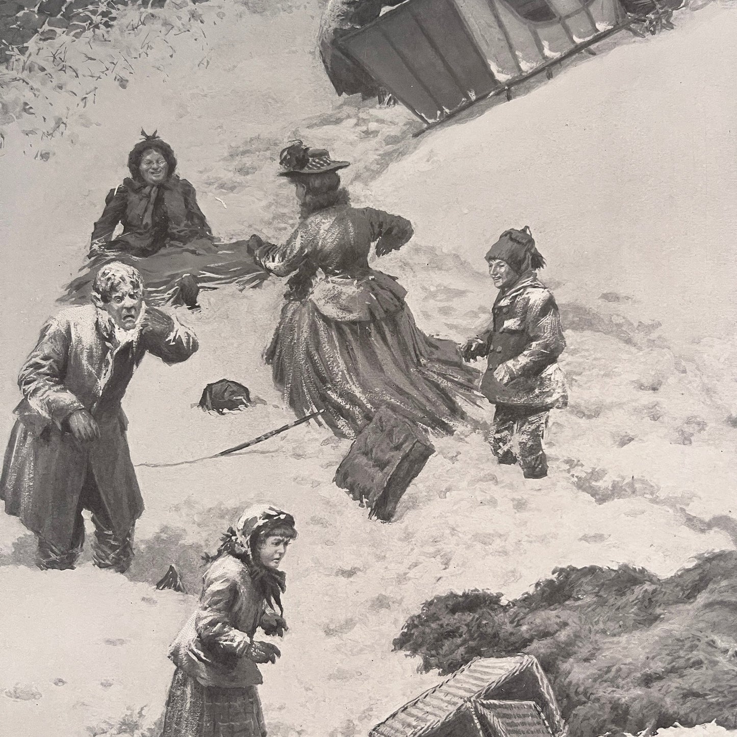 A Bad Spill - Winter Sleigh Scene - Original 1904 A.B. Frost Art Print V26-4
