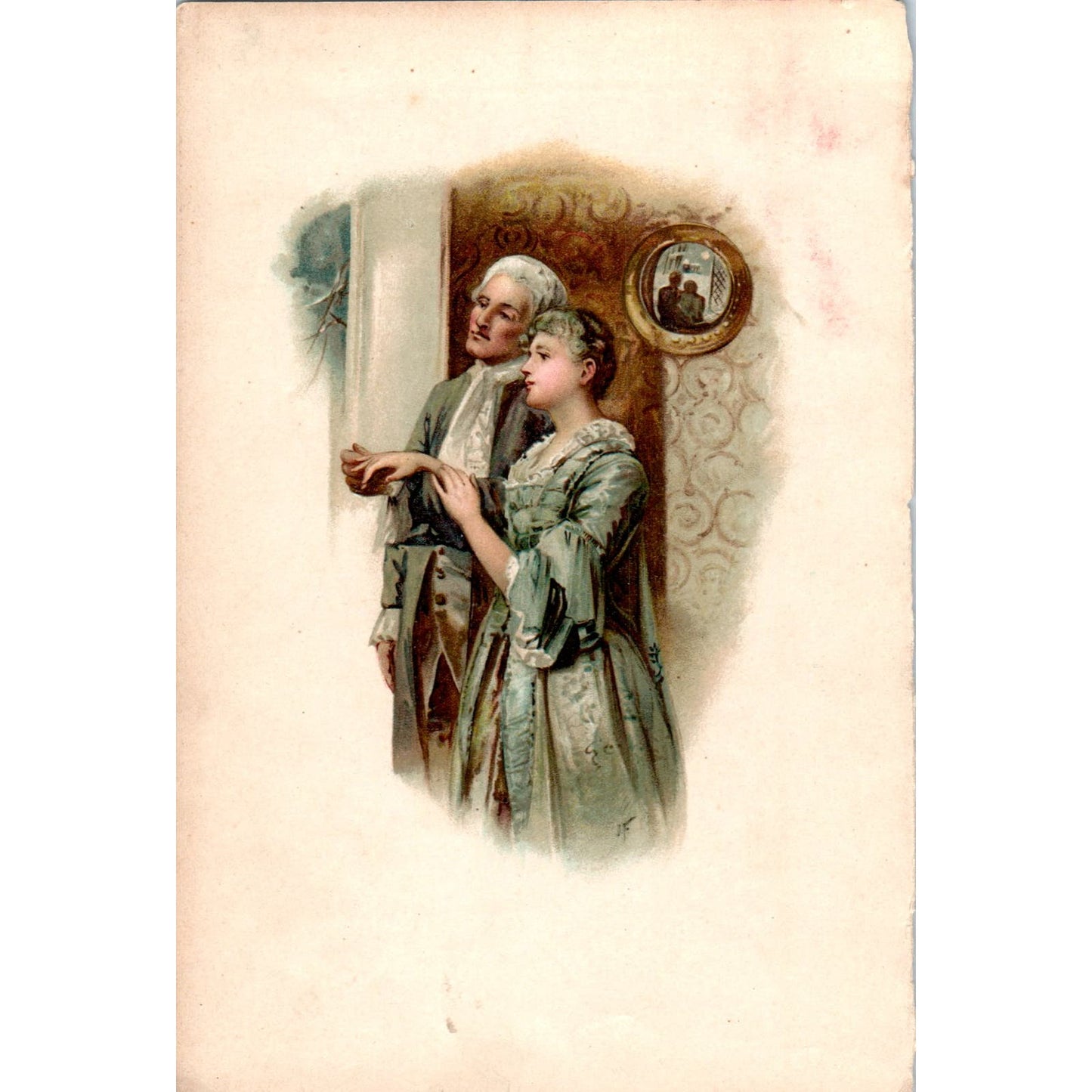 1800s Color Engraving Colonial Man and Woman Side by Side 4.75x6.5" AB9