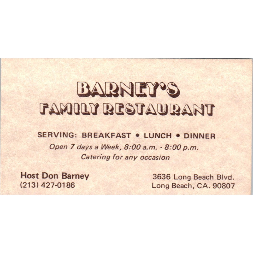 Don Barney's Family Restaurant Long Beach CA Vintage Business Card SD8-B6